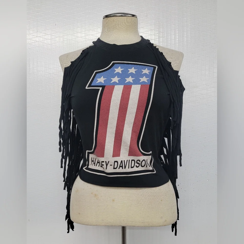 Harley Davidson Fringe Halter Top Upcycled - Picture 1 of 6